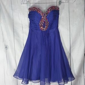 Sherri Hill Royal Purple Strapless  Dress with Cut Out Front With Embellishments